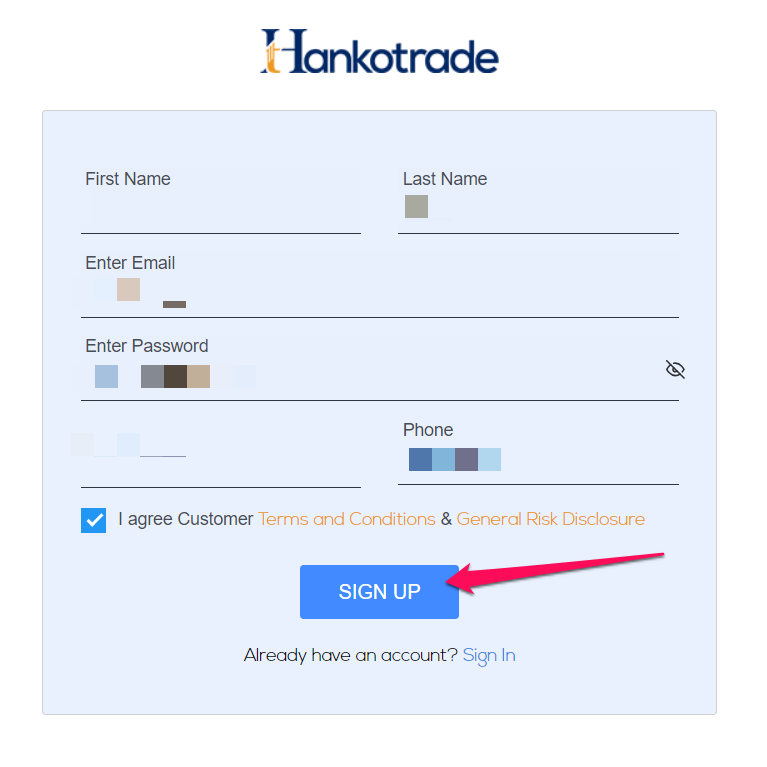 How to open a Hankotrade Account step 2